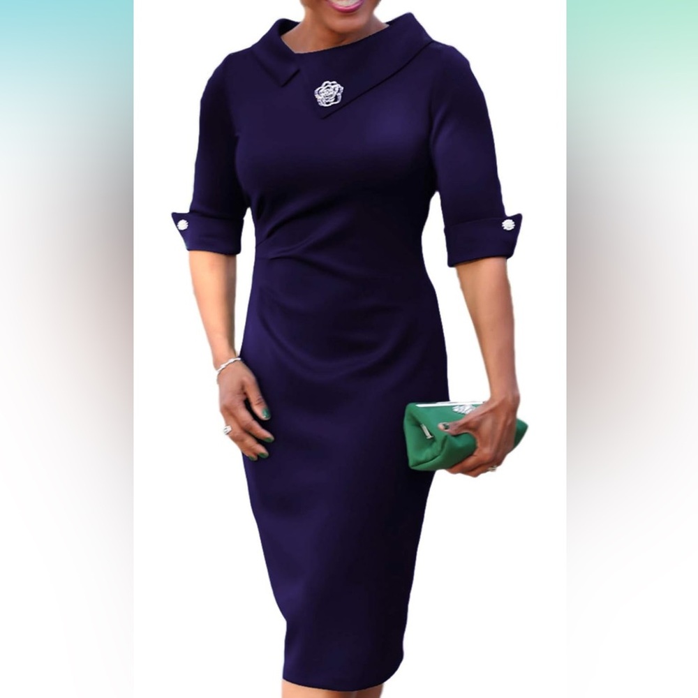 Women's Below Knee Collar Pencil Vintage Dress Navy